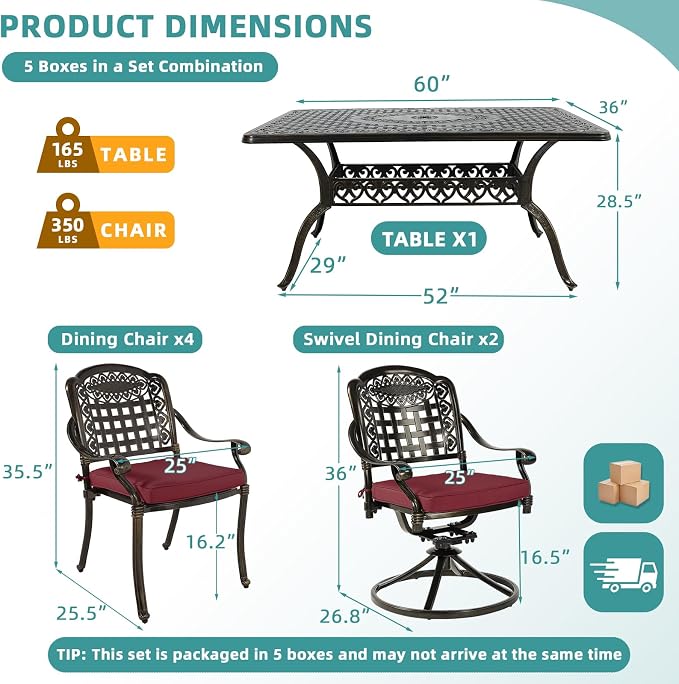 MEETWARM 7-Piece Outdoor Patio Dining Set, All-Weather Cast Aluminum Patio Conversation Set with 4 Stationary, 2 Swivel Rocker Chairs, 1 Rectangular Table, 6 Cushions, 2" Umbrella Hole, Chili Red