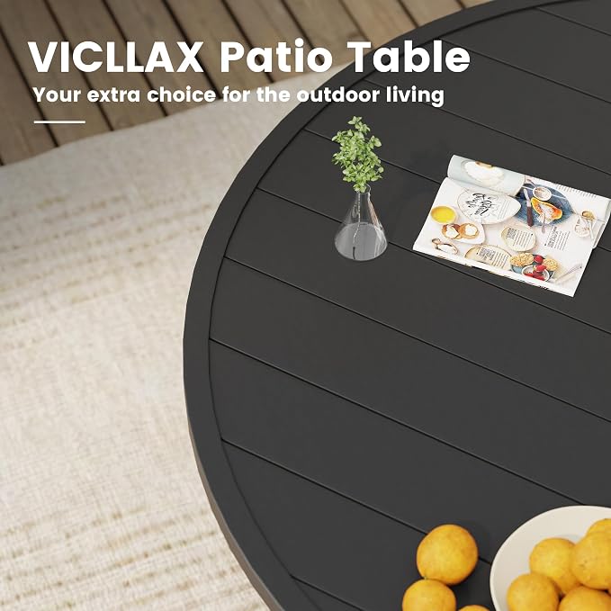 VICLLAX 47.2" Round Patio Table, Outdoor Dining Table for 6 with Umbrella Hole for Garden Lawn Deck Backyard, Black