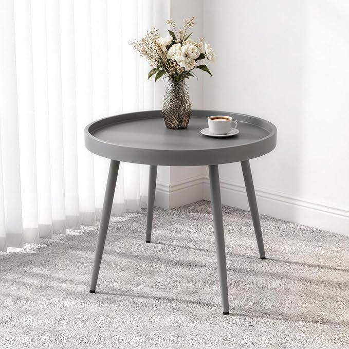 Small Outdoor Side Table - Round Metal End Table with PP Desktop & Anti-Fall Fence - Mini Coffee Table for Small Spaces - Versatile Outdoor End Table for Patio, Couch, Bedside - Gray