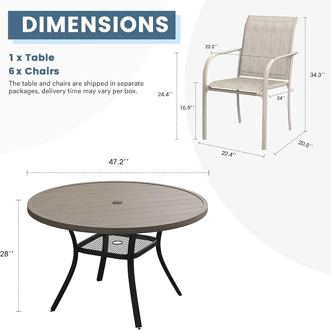 DIFY 7 Pieces Outdoor Patio Dining Set for 6, 47.2" Grey Wood-Like Round Metal Dining Table and 6 Sandshell Stackable Textilene Patio Chairs, Outdoor Table and Chairs for Backyard Garden Poolside