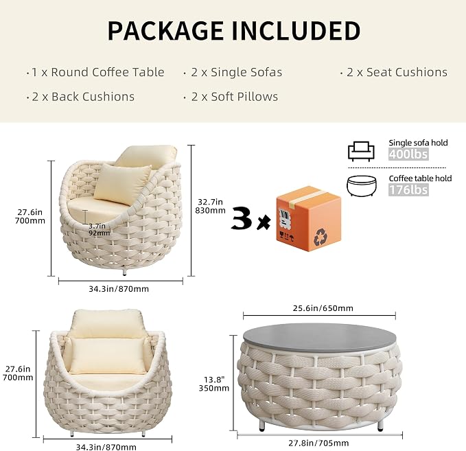TWT 3 Pieces Aluminum Patio Furniture Set, Hand Woven Polyester Rope Modern Outdoor Furniture w/Washable Cushion and Rock Slab Tabletop, Conversation Sofa Set for Livingroom Poolside Balcony (Beige)