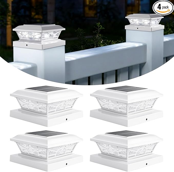 4x4 3.5x3.5 Solar Post Cap Lights 4-Pack White | 2 Modes (Warm/Cool White), 16LEDs, for Wooden/Vinyl Posts, IP65 Waterproof, Outdoor, for Fence, Deck, Patio, Yard, Porch
