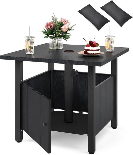Tangkula Outdoor Table with Hole, Patio Umbrella Table with 2 Sand Bags, 1.89" Umbrella Hole, Metal Frame, Outdoor Side Table for Garden, Deck and Poolside