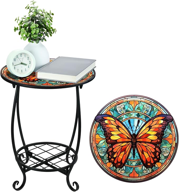 Cinnvoice Outdoor Side Table Round Small Mosaic Patio Accent Indoor End Plant Coffee Tea Table for Yard Patio Porch Garden Living Room, Bedroom(Butterfly B Style,18 Inch)