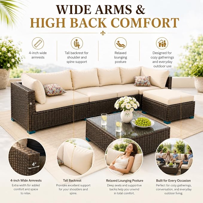 7 Piece Outdoor Sectional Outdoor Patio Furniture Set, Outdoor Patio Furniture Set with Coffee Table, Sectional Couch Sofa with Cushions, Wicker Outdoor Conversation Set for Backyard & Garden, Brown