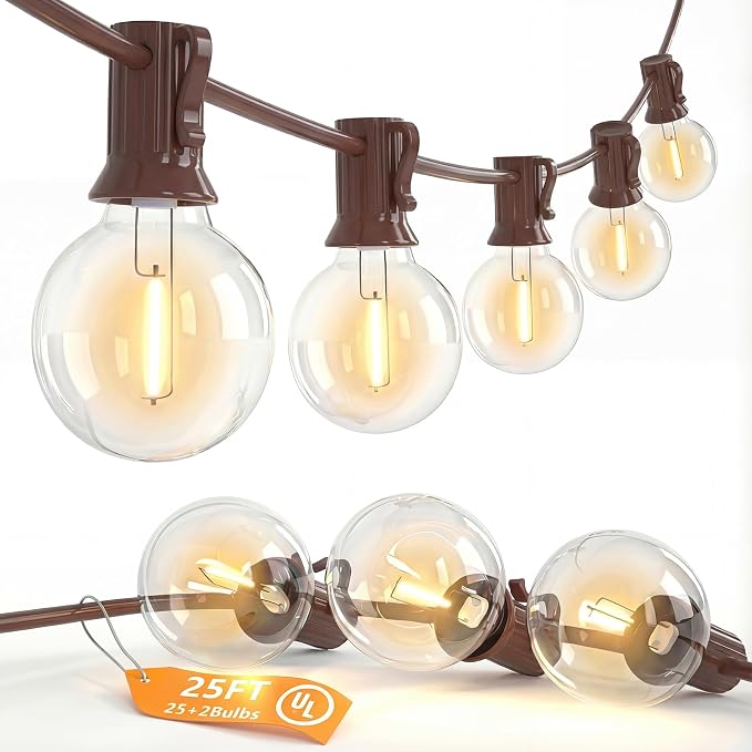25FT G40 LED Brown Outdoor String Lights with 25 Plastic Shatterproof Bulbs | 2700K Warm White, IP65 Waterproof Hanging Connectable Globe Lights for Patio Garden Porch Pergola Bistro Decor, Brown Wire