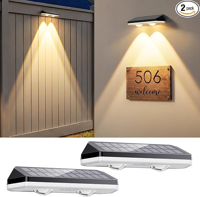Solar Fence Lights Outdoor,3000/4500/6000K 13 Mode, 2 Pack Fence Lights Solar Powered with Ultra-Bright Lens IP65 Waterproof,Solar Wall Light for Backyard/Step/Patio/Deck/Stair/Railings