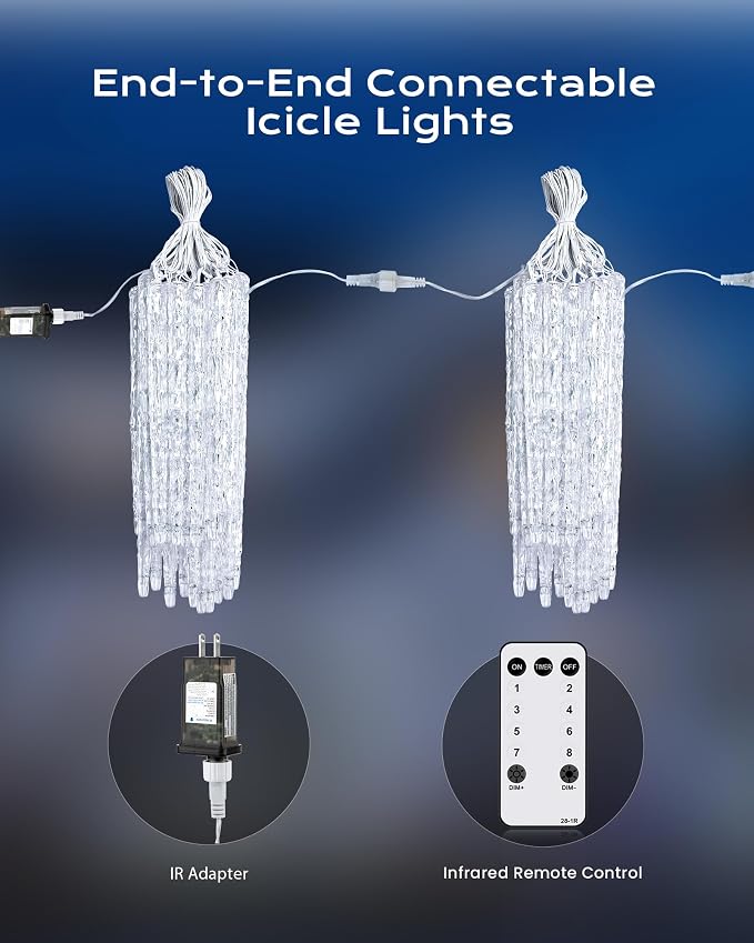 Brightown Icicle Lights Outdoor 20ft with Remote - 20 Tubes 100 LED Iced Tube Christmas Lights, Waterproof Icicle Decor Outdoor Indoor for Tree Patio Roof Holiday Decor, Cool White