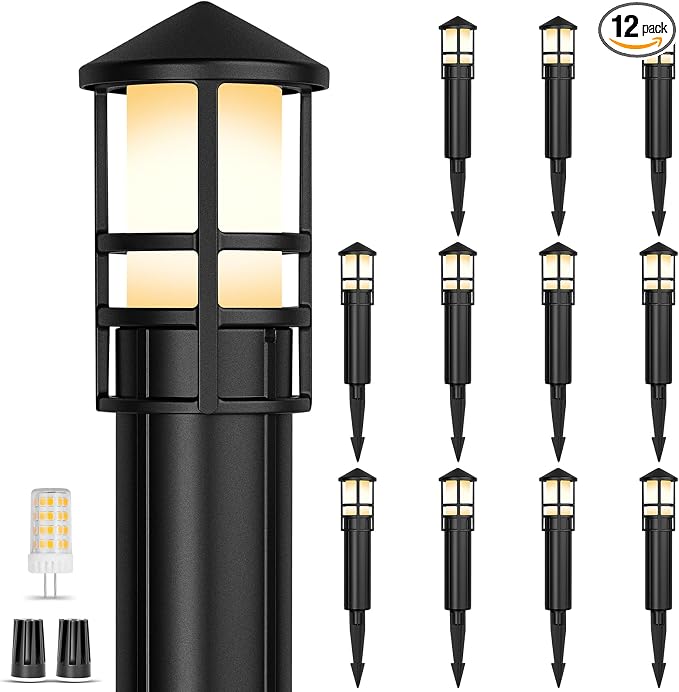 Low Voltage Landscape Pathway Lights, Replaceable G4 Bulb 12V 4W 2700K Outdoor LED Landscape Lighting, Aluminum Waterproof Walkway Lighting, Bollard Path Lights Wired, Black 12 Pack