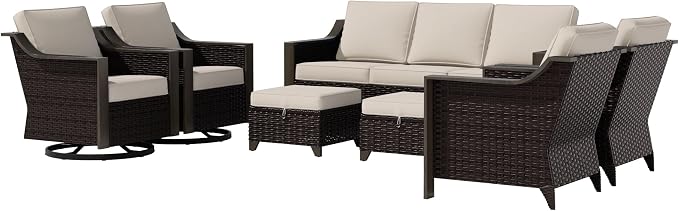7 PCS Wicker Patio Conversation Set, All-Weather Use Outdoor 2 PE Rattan Swivel Chair, 2 PE Rattan Chair, 2 Ottoman, 1 Patio Sofa, Removable Water-Resistant Cushion, Beige