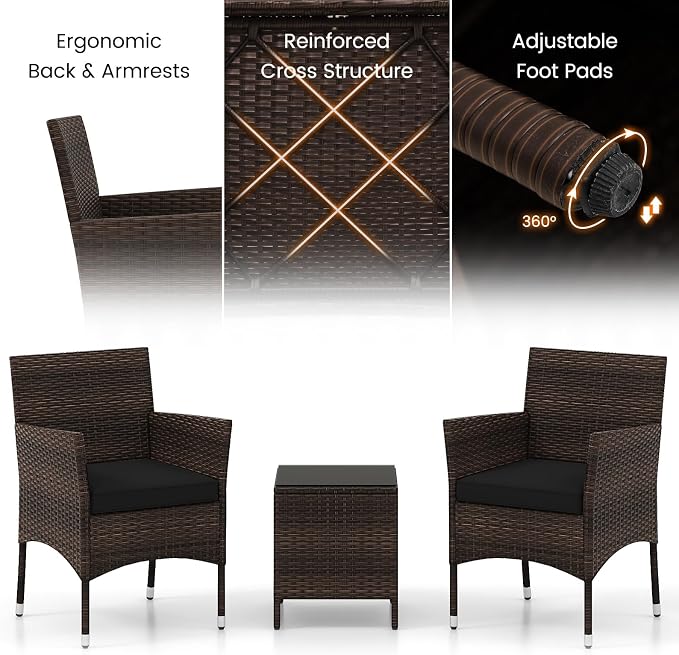 RELAX4LIFE 3-Piece Patio Furniture Set - Rattan Wicker Outdoor Conversation Set w/Cushions & Glass Coffee Table, Balcony Furniture for Porch Garden Backyard, Bistro Table and Chairs Set of 2 (Black)