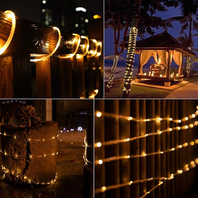 Brightown 39FT 100LED Solar Rope Lights Outdoor Waterproof, Warm White | IP65 Solar Powered Fairy Lights with 8 Lighting Modes, Outdoor String Lights for Party Garden Yard Holiday Tree Decoration