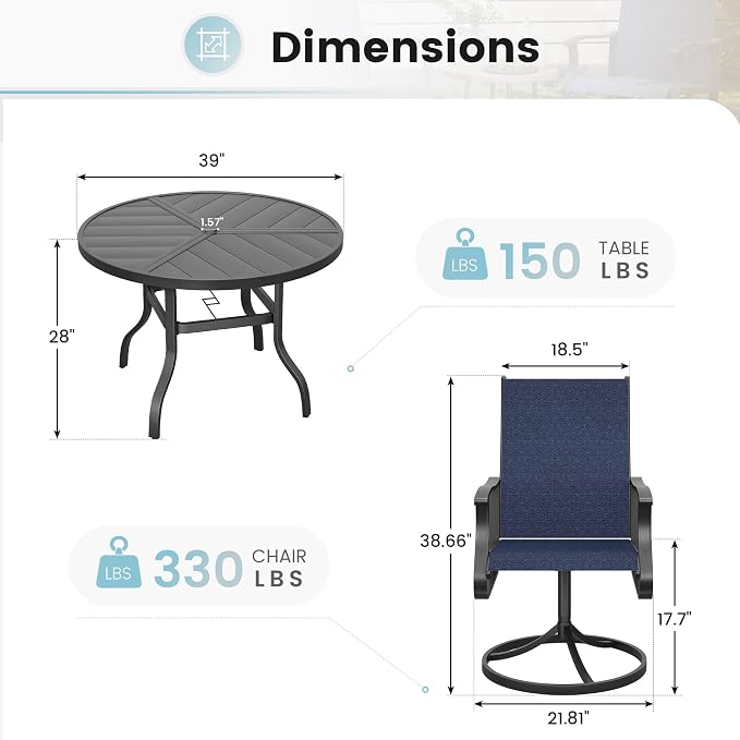 5 Pieces Patio Dining Set, Patio Outdoor Furniture Set of 4 Patio Swivel Dining Chairs and 39" Patio Spliced Round Tabletop with Umbrella Hole, for Deck, Backyard, Poolside & Garden