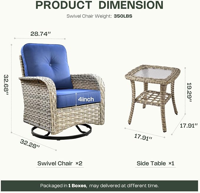 Outdoor Swivel Rocking Chair Set of 2 with Coffee Table, Wicker Patio Glider Chairs with 4 Inch Thick Cushions, 350lbs Capacity High Back Rattan Furniture Set for Sunroom and Small Spaces, Navy Blue