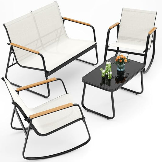 Ahomly Outdoor Patio Furniture Set 4 Pieces, Conversation Textilene Fabric Chairs with Coffee Table Rocking Chairs Bistro Set for Backyard, Poolside, Porch (White)
