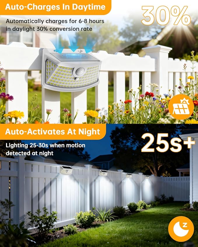 Aootek Solar Motion Sensor Lights Outdoor 120 LEDs, White, 4 Pack | Lights Reflector, 270° Wide Angle, IP65 Waterproof, Step Lights For Front Door, Yard, Garage, Deck