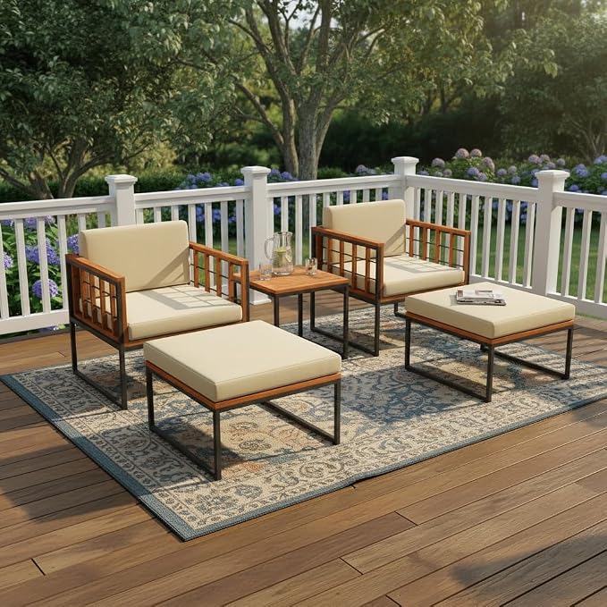 Tangkula 5 Pieces Acacia Wood Patio Furniture Set with Ottomans, Outdoor Conversation Set with Soft Cushions and Coffee Table for Poolside, Garden, Balcony and Backyard (Beige)