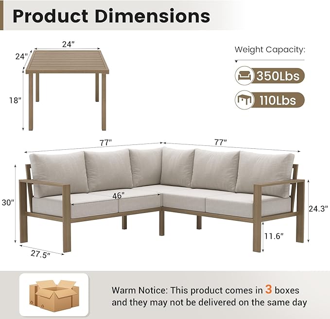 UDPATIO 6 Piece Patio Furniture Set, Metal Outdoor Sectional Sofa with 6" Thick Olefin Cushions, Wide Armrest & Coffee Table, L Shaped Outdoor Furniture for Garden, Backyard, Faux Wood Grain & Beige