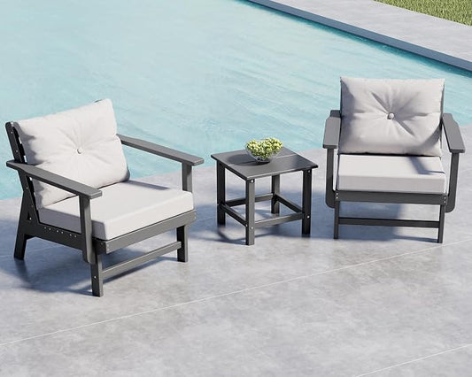GREENVINES 3-Piece-Patio-Furniture-Set | HDPE Plastic | Outdoor Sectional Conversation Sets | All-Weather Couch | Sofa with Side Table | Detachable Armrests | for Deck Lawn | Gray