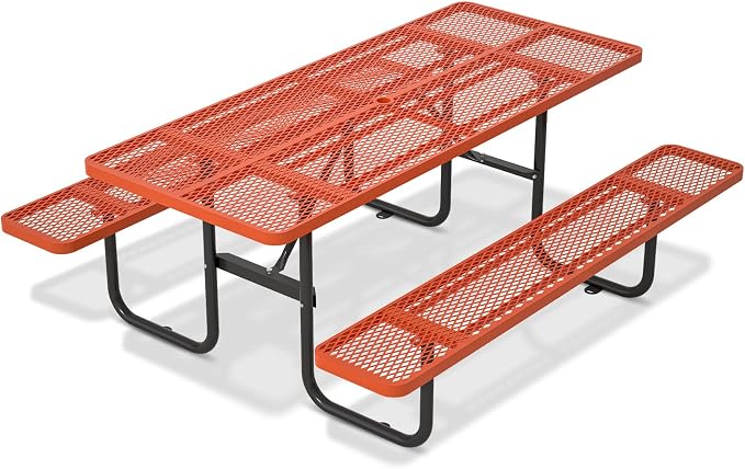 Picnic Tables for Outdoors with Umbrella Hole-Coated Steel Heavy Duty Commercial Grade Table with Seats,Commercial Metal Picnic Tables,Heavy Rectangular Furniture Set for a Lifetime (Orange)