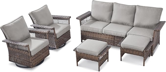 Patio Furniture Set 2 Wicker Swivel Glider Chairs 2 PE Rattan Ottomans with Patio PE Rattan Sofa Brown Wicker Grey Cushions Patio Conversation Set 5pcs for Garden Balcony Backyard