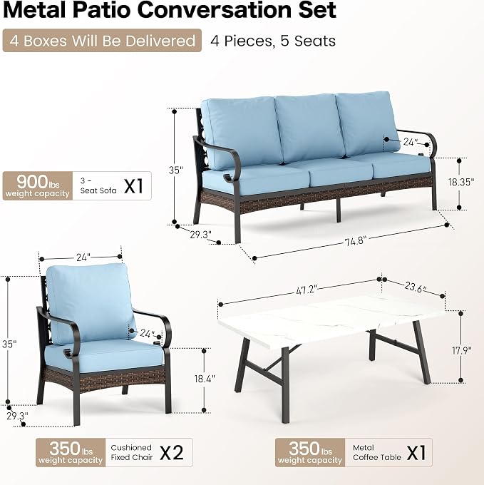 SUNSHINE VALLEY 5 Piece Metal Outdoor Patio Furniture Set, Patio Conversation Sets 1 3-Seater Sofa, 2 Chairs with 5.75" Extra Thick Cushion and Coffee Table, Black Frame Backyard Furniture, Blue