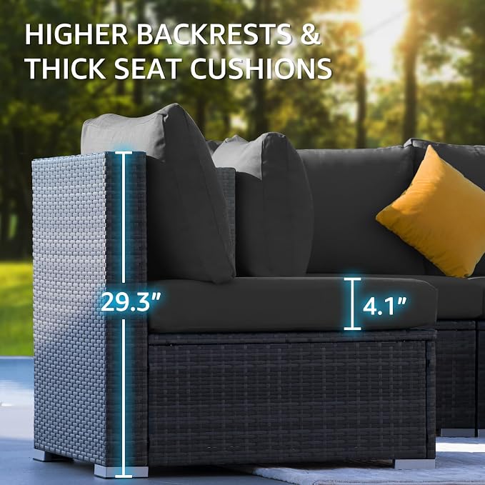 NICESOUL 13 Piece Patio Furniture w/Fireplace, Elegant Outdoor Seating w/Firepit, XL Size 29.3'' High Back Sectional Sofa, All-Weather Rattan Deck Couch, Modular Sturdy Conversation Set, Dark Gray