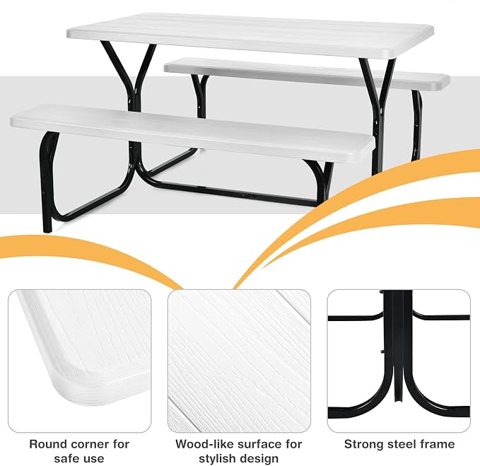 LDAILY Picnic Tables, Rectangular Picnic Table with Steel Frame, 2 Benches Set, HDPE Tabletop, Plastic Picnic Table for Outdoor, Camping, Patio, Lawn, Yard, Picnic Parties (White)