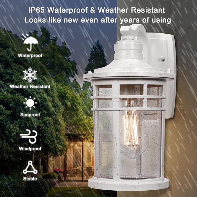 Darkaway Outdoor Porch Lights Wall Mount, Outdoor Light Fixtures Sconces Wall Lighting with Seeded Glass Waterproof Exterior Lights for Patio Yard House Hallway Doorway Garage(2 Pack, White)
