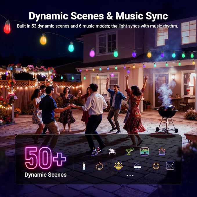 NEEWER 48ft Outdoor String Lights, App Control Smart AI RGB IC W Hanging Outside Patio Balcony Backyard Holiday Lighting, IP65 Waterproof, 15 LED Bulbs, 50+ Scenes, Compatible with Alexa Google, NR01