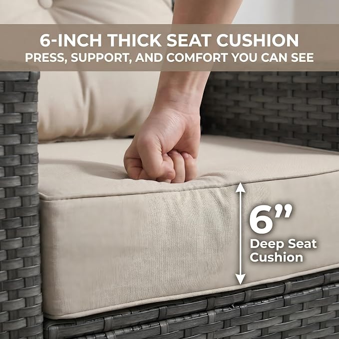 6-Piece Outdoor Patio Furniture Set, Grey Wicker Conversation Set with 2 Sofas, 2 Swivel Chairs and 2 Ottomans, 6-Inch Beige Cushions for Deck, Backyard, Poolside