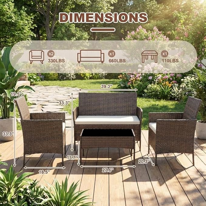 4PCS Outdoor Patio Bistro Set, PE Rattan Wicker Armchairs, Brown/Beige