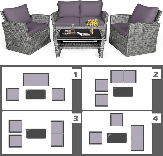 HAPPYGRILL 4PCS Patio Rattan Furniture Set Outdoor Conversation Set with Cushions and Coffee Table, Sectional Wicker Sofa Set for Garden Porch Balcony Poolside