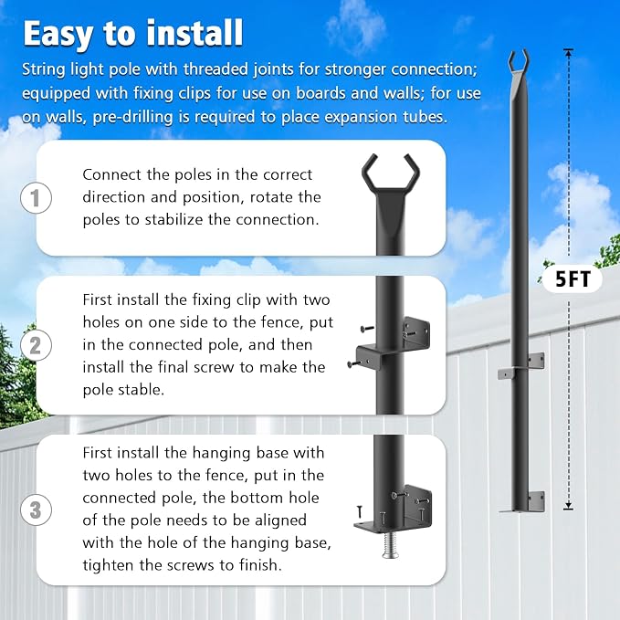 Mutovlin 10 Pack String Light Poles,5 Ft Light Poles for Outside String Lights,Outdoor Lights Pole with Fork,Metal Poles Stand for Patio Deck Backyard