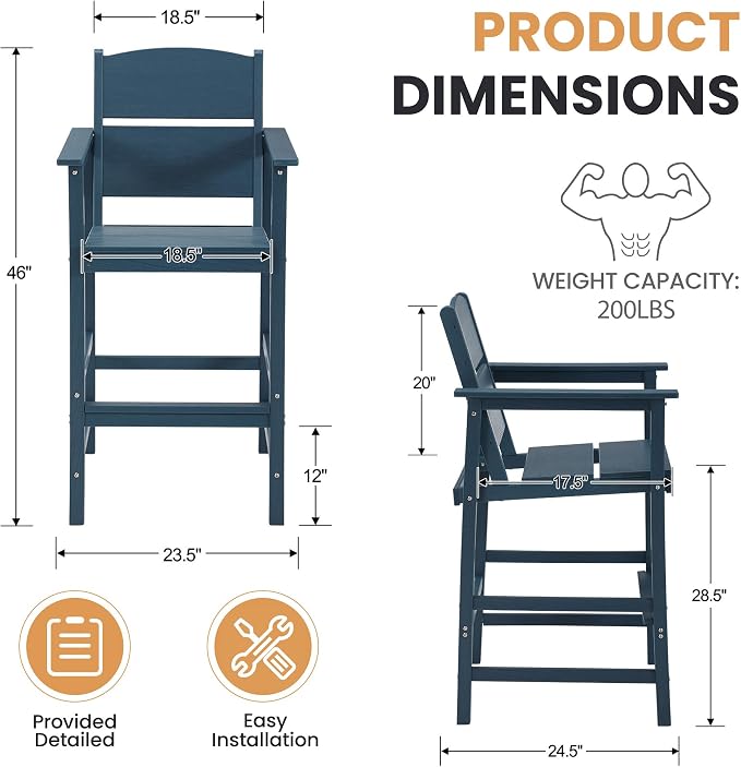 4 Pack Outdoor Bar Stools, HDPE Patio Bar Chairs with Armrests & Footrest, Weather Resistant All-Weather Counter Height Chairs for Outdoor Deck, Backyard, Poolside,Blue