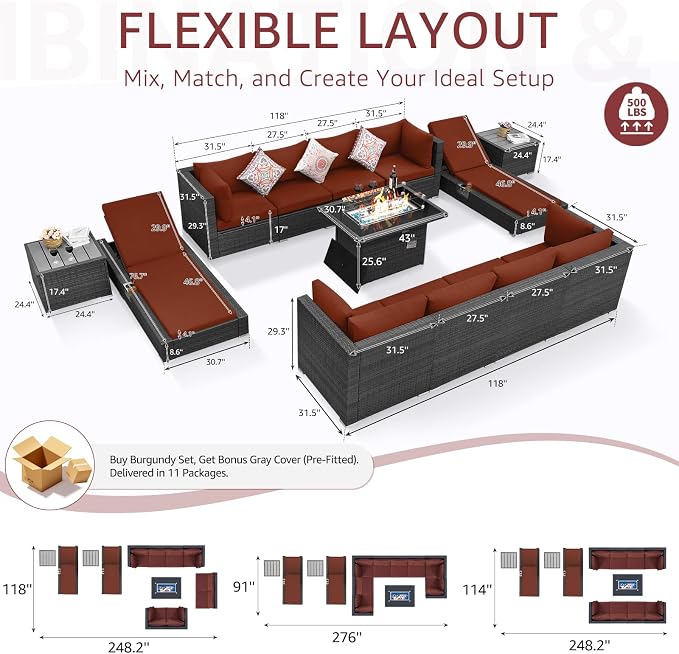 NICESOUL 13 Piece Outdoor Seating with Fire Pit Table, High-End Wicker Patio Furniture Set with Chaise Lounge, Comfy 29.3'' High Back Deep Sectional Sofa, All-Weather Backyard Sitting, Grey & Red