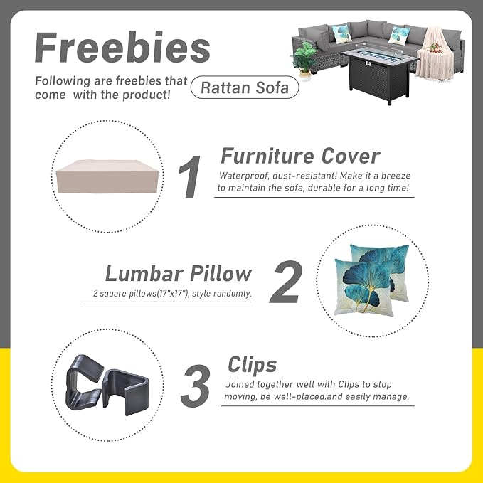 Lviden 7 Pieces Wicker Patio Furniture Set Rattan Outdoor Sectional Conversation Sofa Set with Fire Pit Table Non-Slip Cushions and Furniture Cover, Light Grey