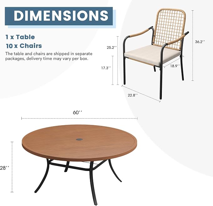 DIFY 11 Pieces Outdoor Dining Set for 10, 60" Round Dining Table with Umbrella Hole & Wicker Stackable Patio Chairs with Cushions, Metal Patio Table and Chairs Set for Backyard Porch Garden, Walnut