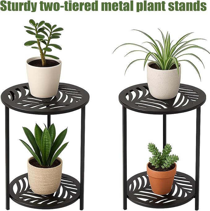 13" Two-tiered Metal Round Side Tables Small Black Outside End Table for Patio Round Accent Garden Corner Stand for Small Spaces Weather-resistant Outdoor Coffee Table for Balcony Porch Plant Stand