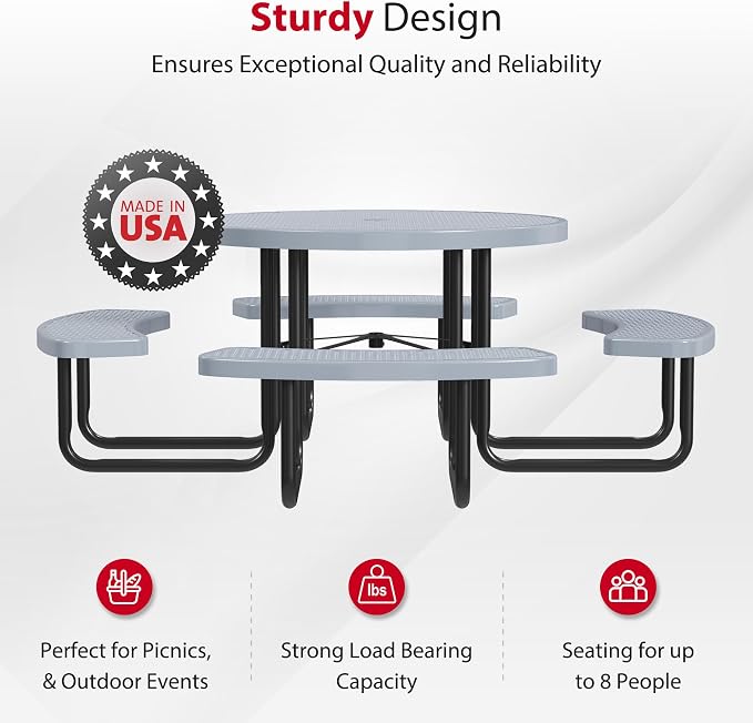 Leisure Craft Metal Picnic Table with Bench - 46" Round Outdoor Dining Table for 8 with Umbrella Hole, Weatherproof Heavy Duty Thermoplastic Coating, Commercial Grade Furniture Made in USA - Gray