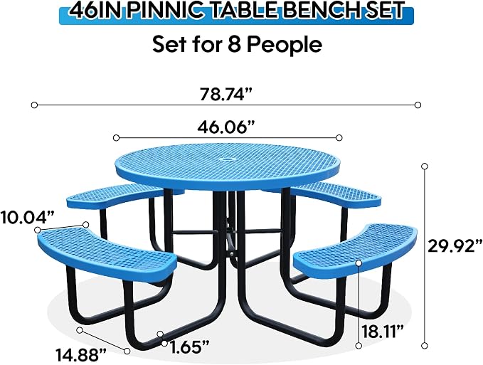 8-Person Picnic Tables for Outdoors, Industrial 46" Expanded Metal Round Picnic Table with 4 Benches & Umbrella Hole, Outside Table and Bench Set for Park, Garden, Backyard, Patio, Blue
