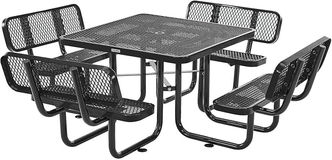 Global Industrial 46" Square Picnic Table with Backrests, Expanded Metal, Black Thermoplastic Coating, 1-1/2" Umbrella Hole, Outdoor-Rated, 1000 Lbs Capacity