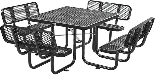 Global Industrial 46" Square Picnic Table with Backrests, Expanded Metal, Black Thermoplastic Coating, 1-1/2" Umbrella Hole, Outdoor-Rated, 1000 Lbs Capacity
