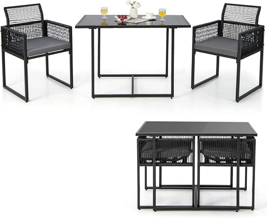 Tangkula 3 Pieces Outdoor Dining Set, Patio PE Rattan Furniture Set with Folding Backrest, Cozy Seat Cushions, Tempered Glass Tabletop, Space-Saving Rattan Chair Table Set for Backyard, Poolside