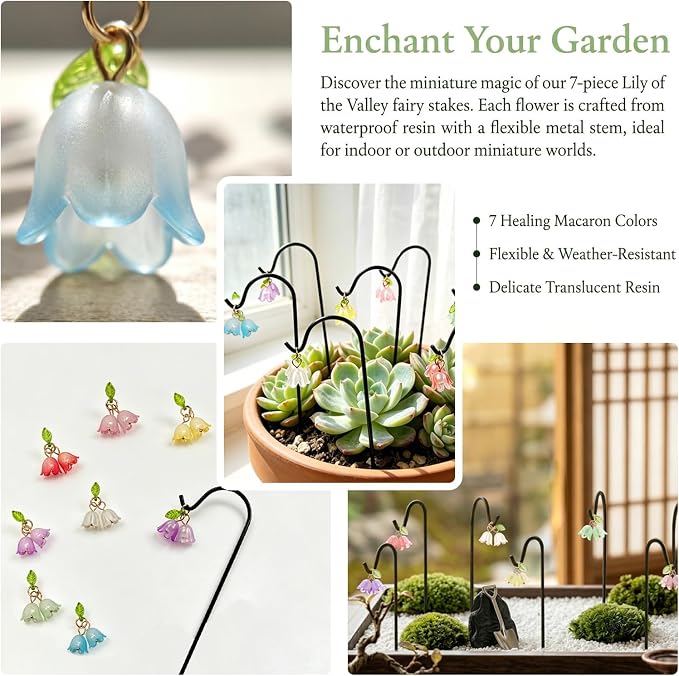 YAHUIPEIUS 7PCS Miniature Garden Stakes,Resin Mini Lily Decorative Potted Plant Stake with Metal Hooks Small Accessories for Terrarium Succulent Pots Indoor Outdoor Plants Decor (Mini Flower)