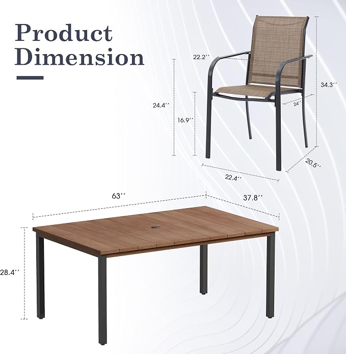 Patio Table and Chairs Set for 6, Outdoor Dining Set with 6 Stackable Dining Chairs and 63"x 37.8" Metal Steel Rectangle Dining Table for Backyard, Deck, Lawn, Garden, Brown & Walnut