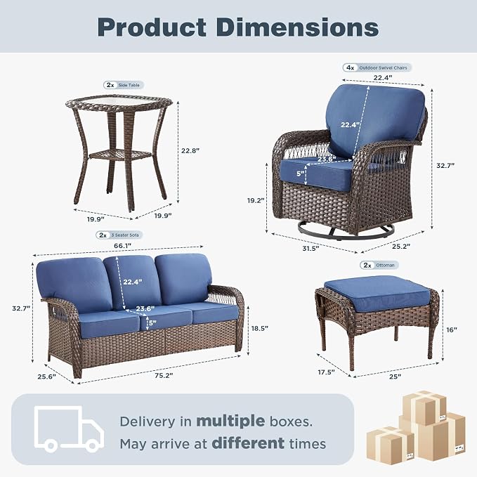 Belord Patio Wicker Swivel Rocker Patio Chairs with 3-Seater Sofa, Outdoor Rattan Chairs for Deck Porch Poolside, 10 Piece Patio Conversation Furniture Set,Blue