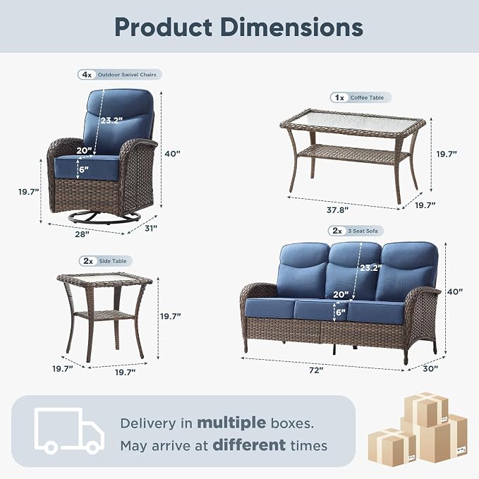 HUMMUH 9-Piece Patio Furniture Set with Upgraded 6" Thick Cushion - High Back Outdoor Swivel Rocker Chairs with 3-Seater Sofa Set of 2,Wicker Outdoor Conversation Set for Deck, Porch, Yard, Poolside