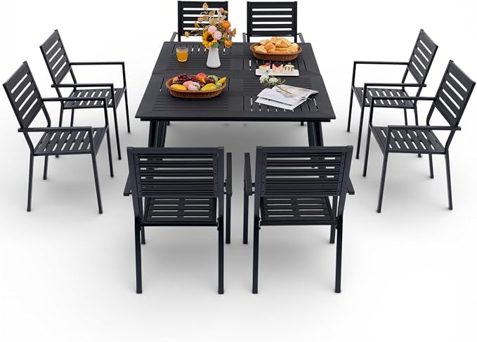 10-Piece Outdoor Dining Set - Two 47.25" HDPE Patio Tables and 8 Stackable Armrest Chairs - All-Weather Rust-Proof Steel Frame for Garden, Deck(Black)
