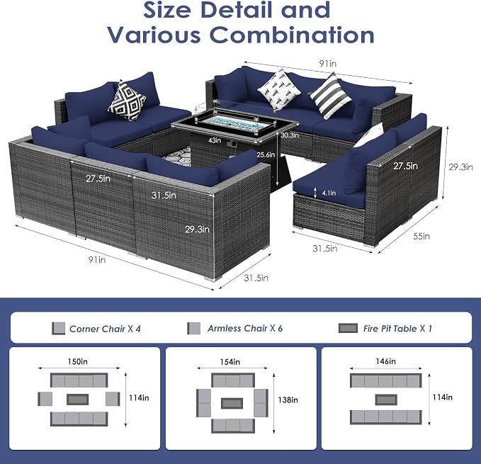 BULEXYARD 11 Piece High Back Outdoor Patio Set with Firepit, Extra Large Backyard Furniture Sectional Couch 10-Seater Modular, XL Big Wide Deep Outside Seating Area for Exterior, Grey & Navy Blue